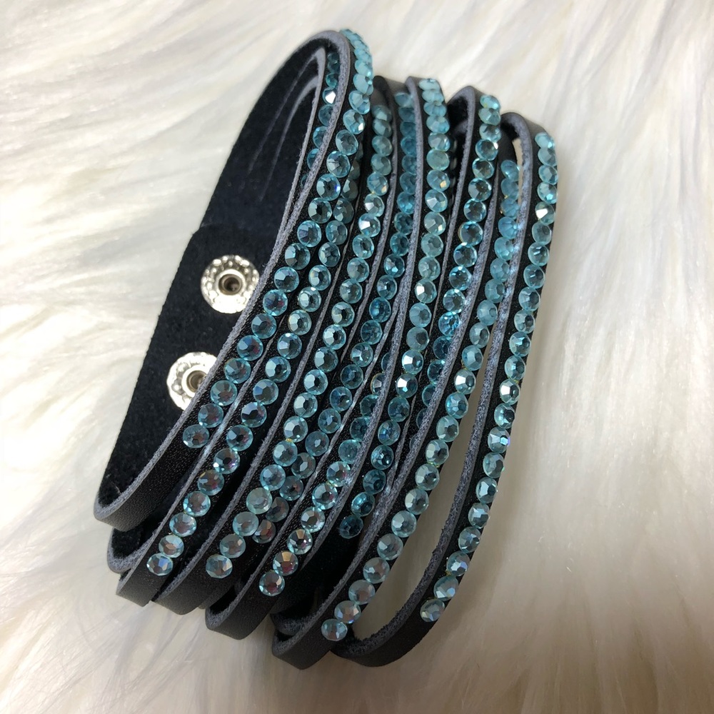 Aquamarine & faux leather cuff bracelet